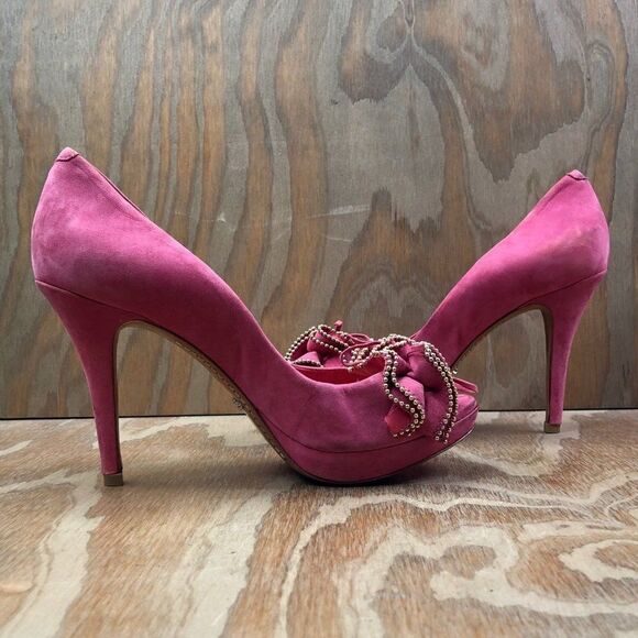 Hot Pink Satin & Lace Peep Toe Heels Bow Embellished  SCHUTZ Womens Size 9 (B) Heels Pink Suede 4” High Pumps Bow Stiletto Open Toe